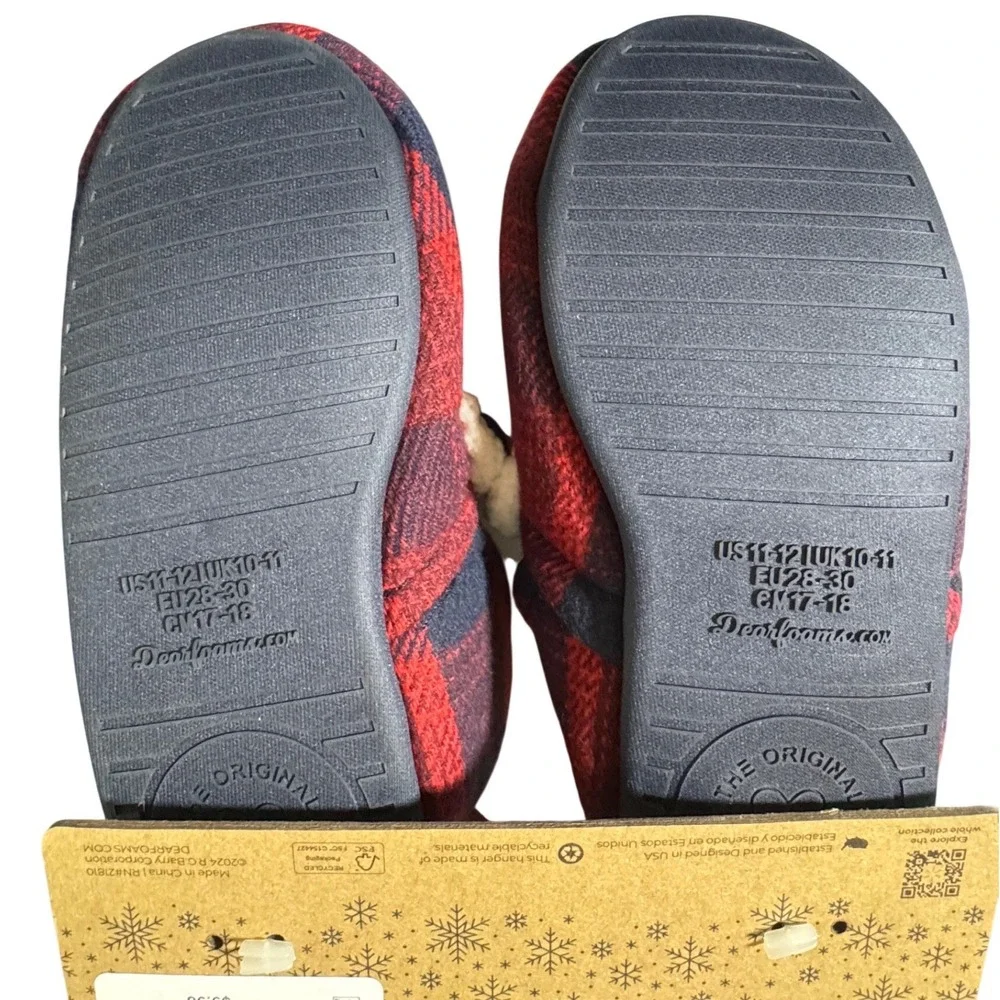 Dearfoams Kids LIL BEAR Plaid‎ Flannel Cozy Slippers Size 11-12 US